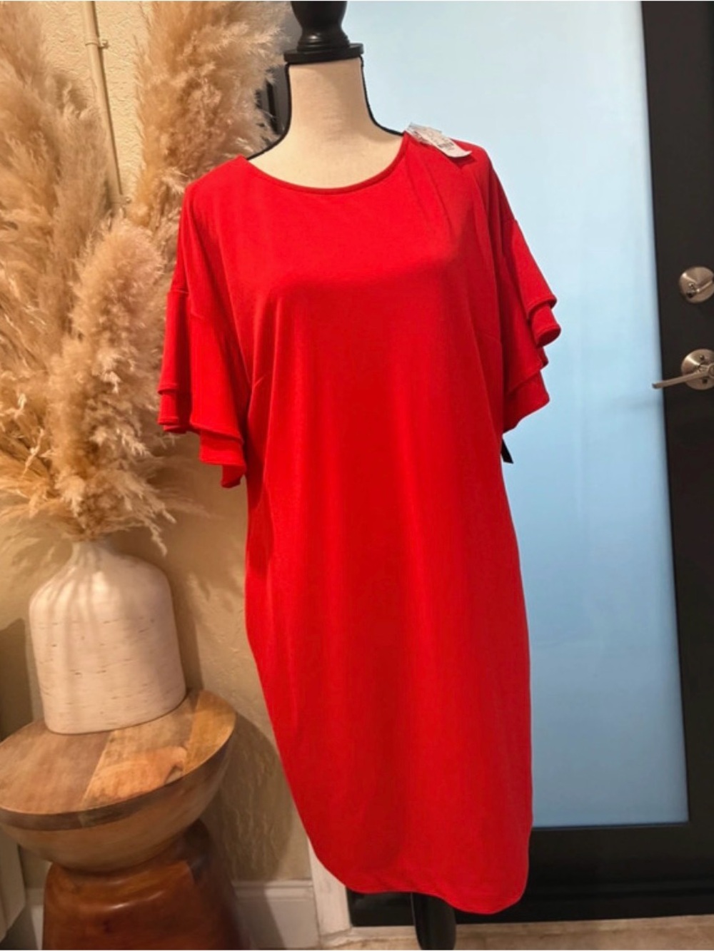 New York & Company Red Ruffle-Sleeve Midi Dress